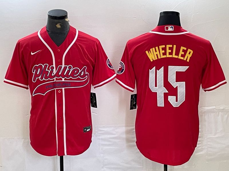 Men Philadelphia Phillies 45 Wheeler Red Jointly Nike 2024 MLB Jersey style 4